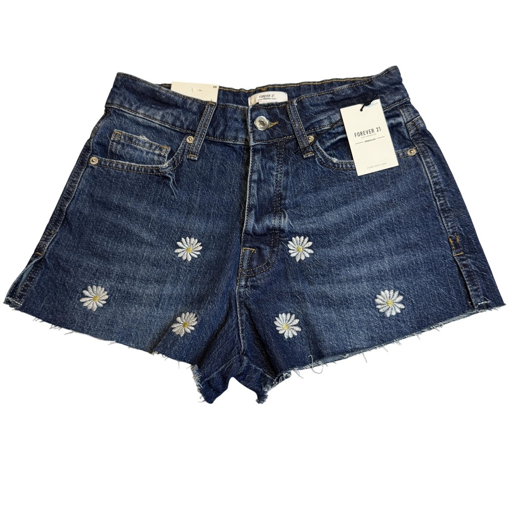Forever 21 Womens Jean Shorts 25 Blue Daisy‎ Embroidered Raw Hem Cottagecore